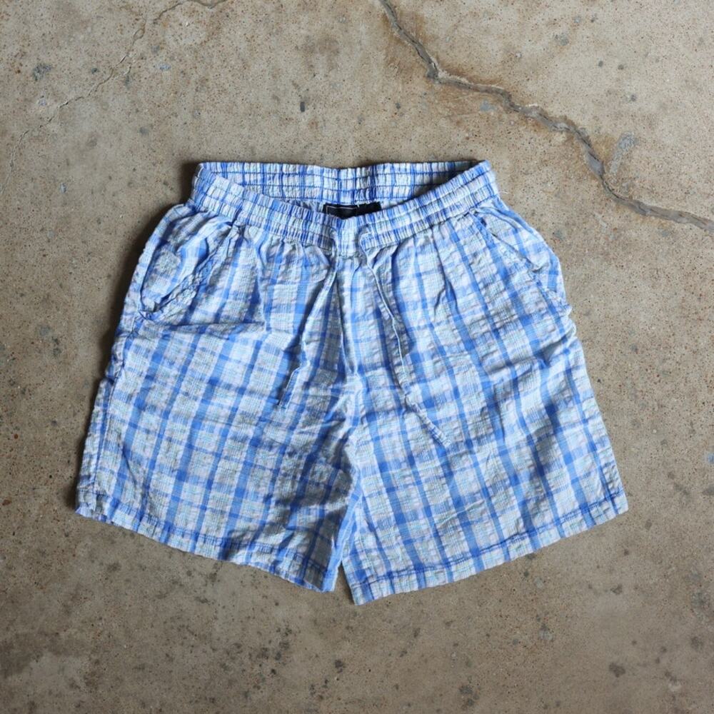 Y2K Plaid Seersucker Shorts Blue White Elastic Waist M Bobbie Brooks